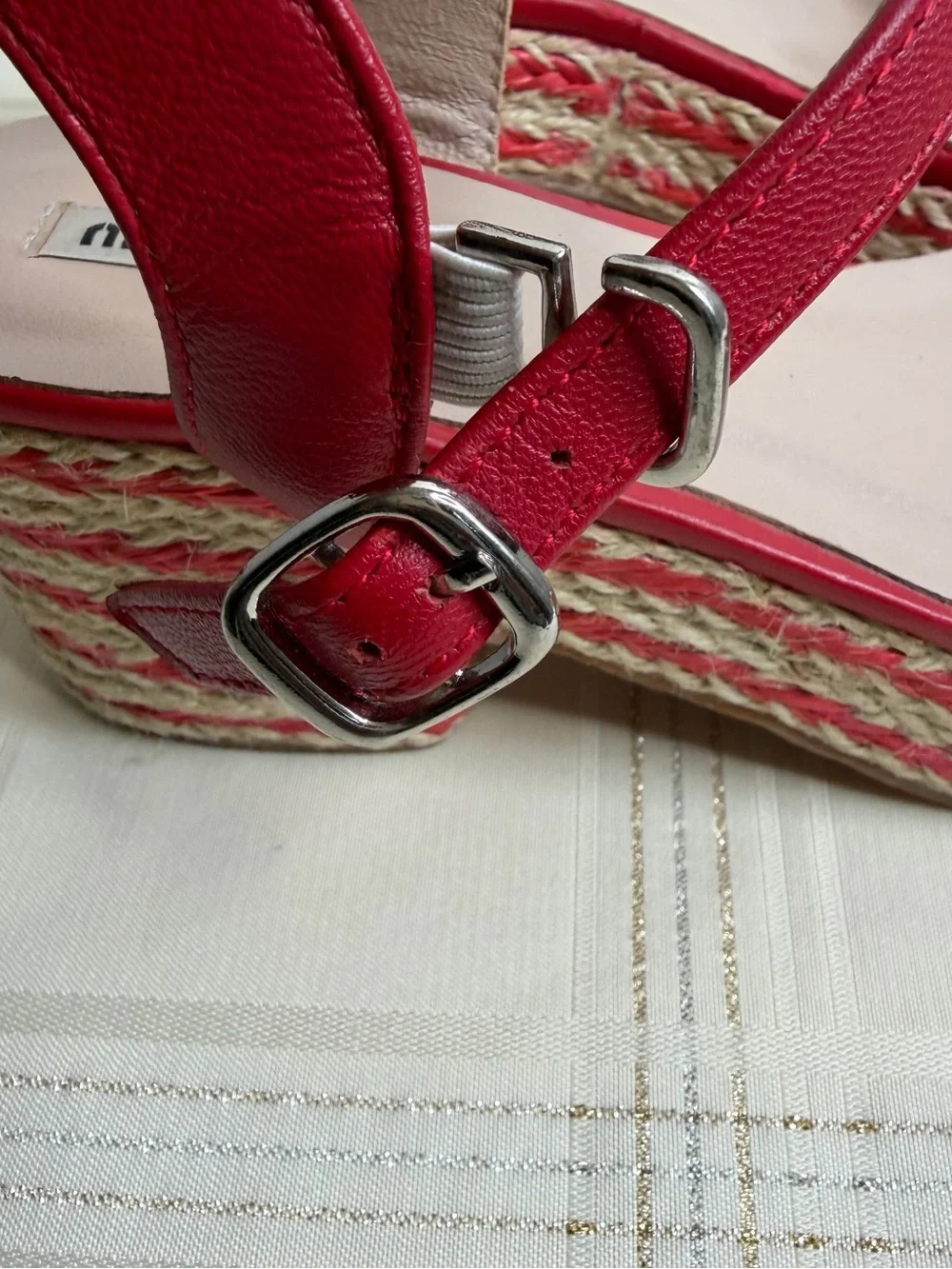 Miu Miu Red Leather Espadrille Platform Sandals